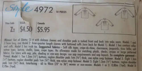 STYLE 4972 -SET OF SHIRTS SIZE 12 COMPLETE SEWING PATTERN