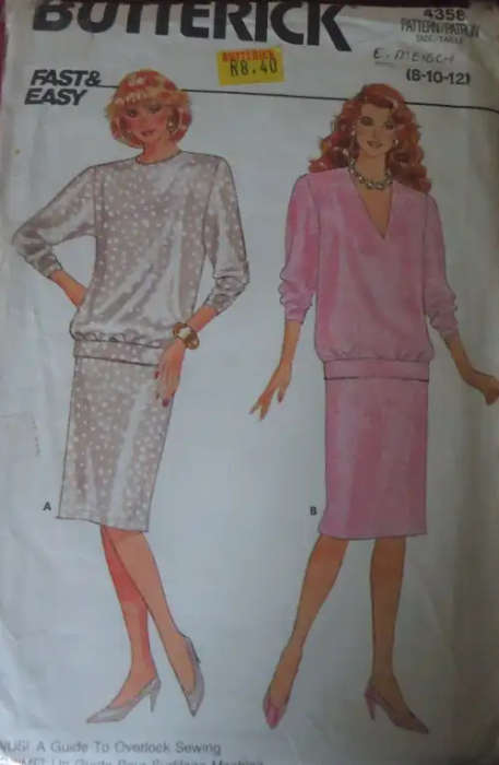 BUTTERICK PATTERN 4358 PULLOVER BLOUSE & SKIRT SIZE 8 + 10 + 12 - COMPLETE SEWING PATTERN