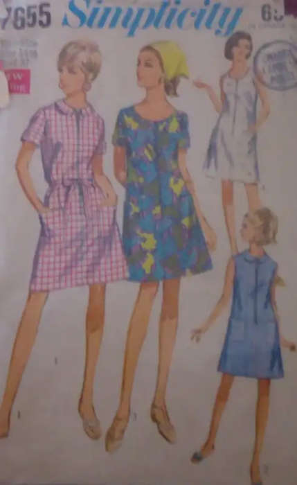 VINTAGE SIMPLICITY 7655 DRESS WITH 2 NECK INTERSTS SIZE 14 1/2 BUST 37" COMPLETE  SEWING PATTERN