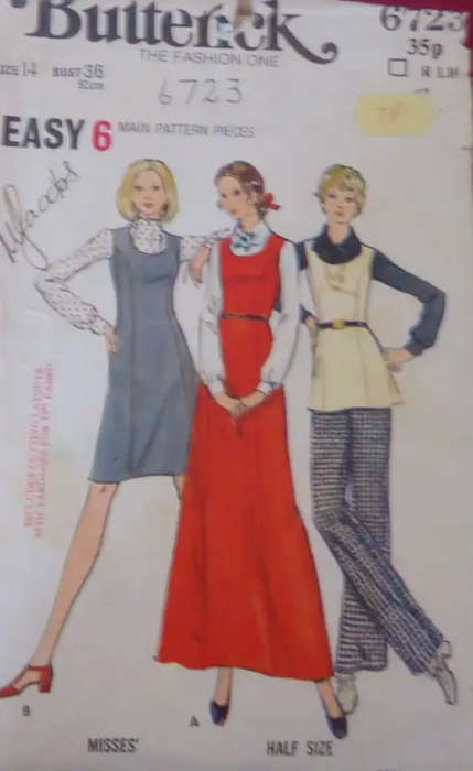 BUTTERICK 6723 PINAFORE-TUNIC-PANTS SIZE 14 BUST 36` COMPLETE-ZIPLOC BAG SEWING PATTERN