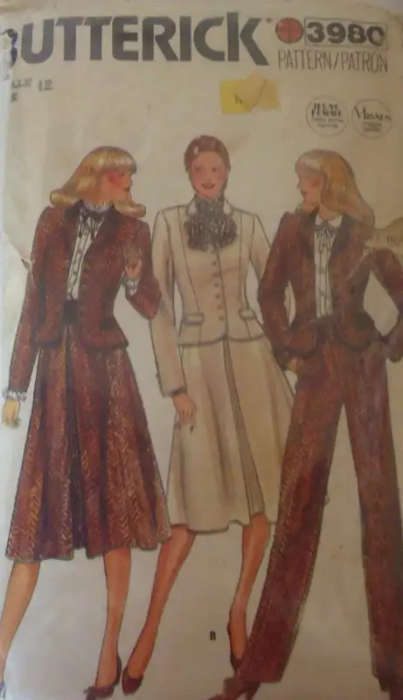 BUTTERICK 3980 WAISTCOAT-SKIRT-PANTS-BELT SIZE 12 COMPLETE-ZIPLOC BAGBUTTERICK 3980  SEWING PATTERN