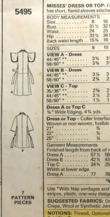 VINTAGE McCALLS 5495 DRESS & TOP  SIZE 12 BUST 87 CM COMPLETEVINTAGE McCALLS 5495 DRE SEWING PATTERN