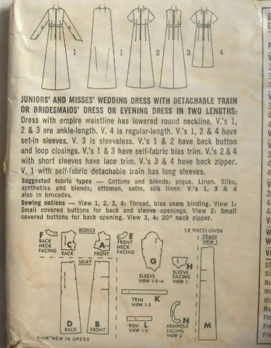 VINTAGE SIMPLICITY 6352 WEDDING DRESS WITH DETACHABLE TRAIN SIZE 14 BUST 34 -COMPLETE SEWING PATTERN