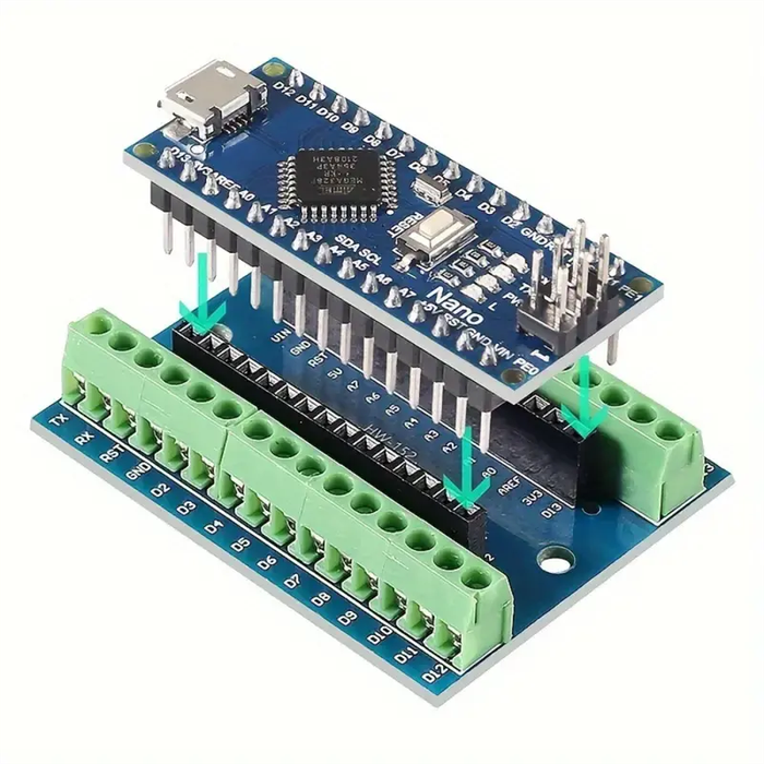 Arduino Nano Clone with Dedicated IO Expansion Board, USB Micro B