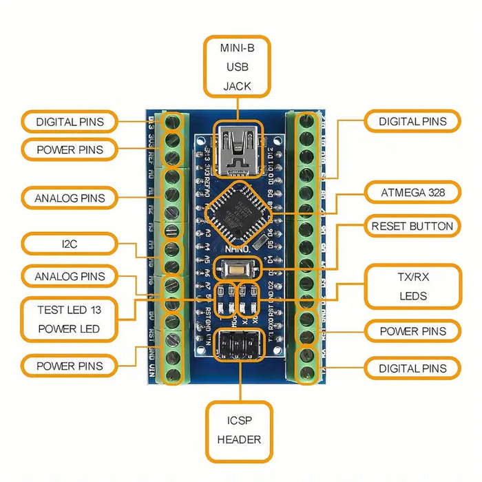 Arduino Nano Clone with Dedicated IO Expansion Board, USB Micro B