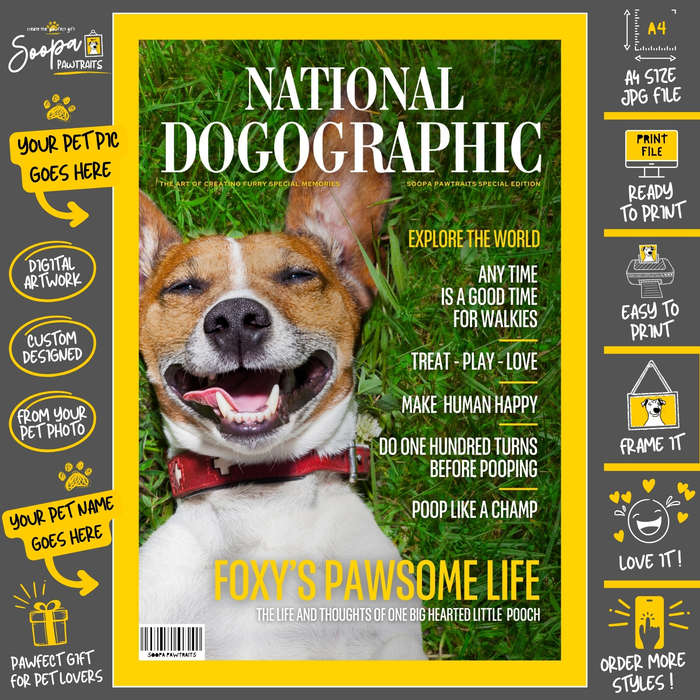 Get a Custom Portrait Artwork of Your Doggy - NATIONAL DOGOGRAPHIC Magazine Cover (Pet Lover's Gift)