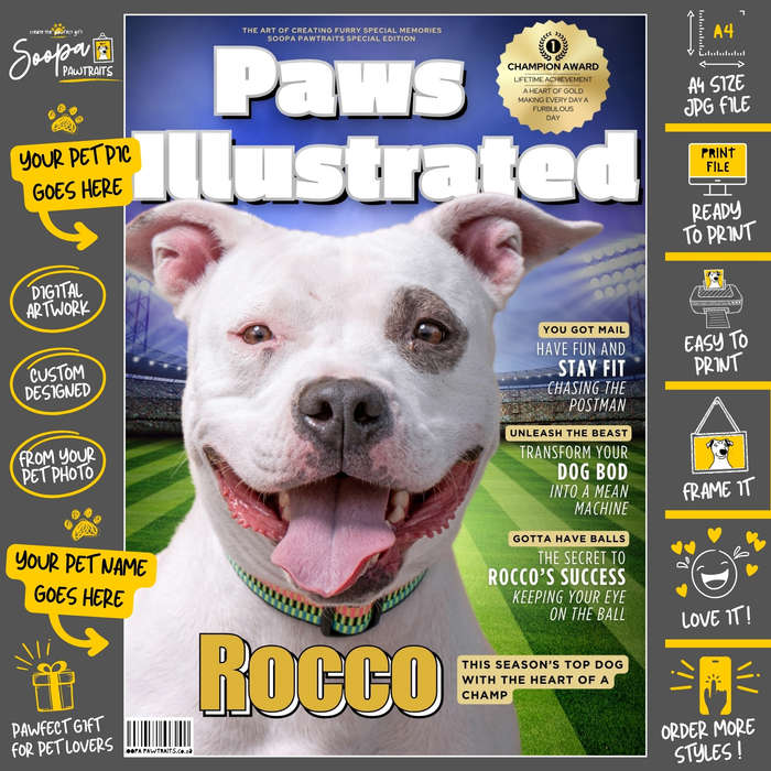 Get a Custom Portrait Artwork of Your Doggy - PAWS ILLUSTRATED Magazine Cover (Fun Pet Lover's Gift)