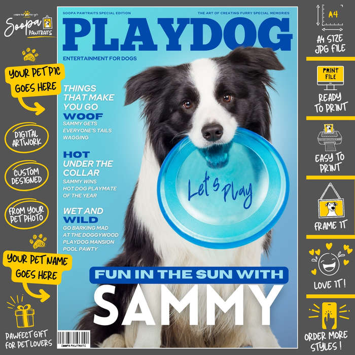 Get a Custom Portrait Artwork of Your Doggy - PLAYDOG Magazine Cover (Fun Pet Lover's Gift)