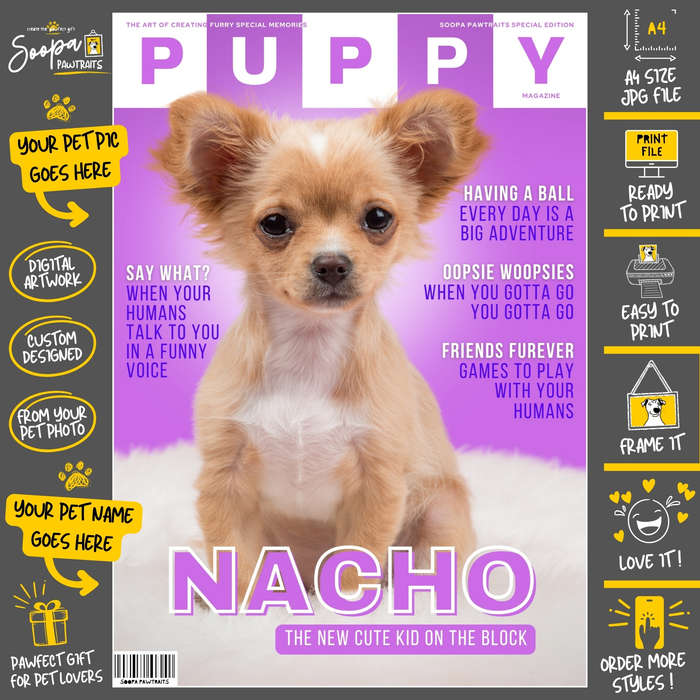 Custom Pet Portrait Artwork of Your Doggy - PUPPY MAGAZINE (Unique Pet Lover's Gift)