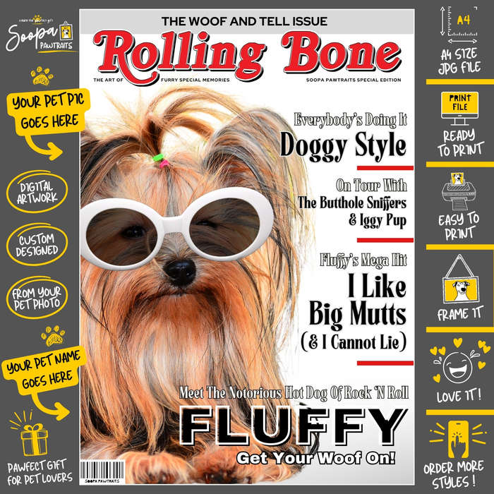 Get a Custom Portrait Artwork of Your Doggy - ROLLING BONE Magazine Cover (Fun Pet Lover's Gift)