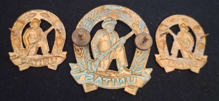SADF - GILDING COMMANDO (UNITAS) CAP AND COLLAR BADGES SET - SCREWS / PINS INTACT