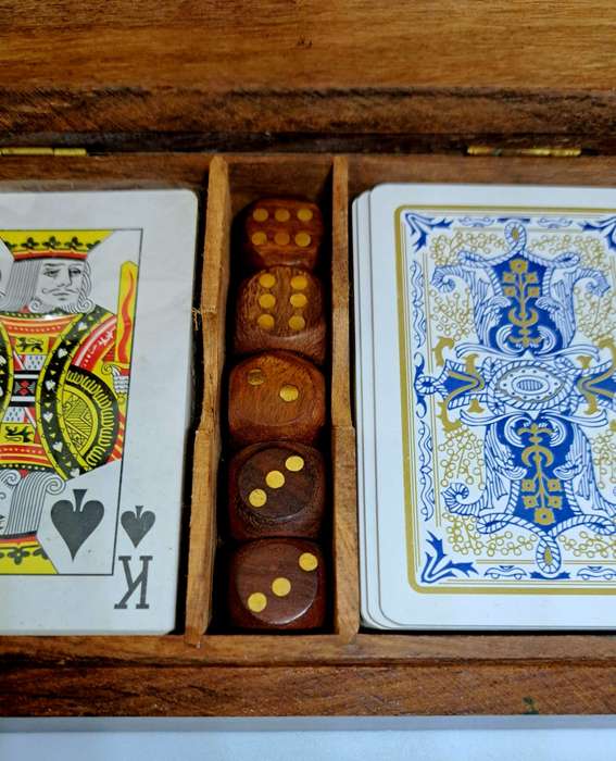 One of a kind Vintage Wooden Card Game Box with Gorgeous Brass Inserts!