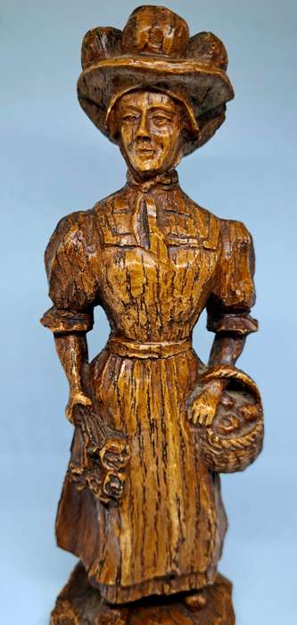 Exquisite Vintage Solid Wood Carving of Victorian Lady with Flowers and Fruit Basket - 18cm