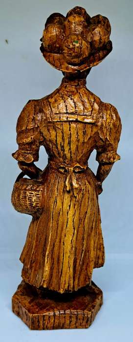 Exquisite Vintage Solid Wood Carving of Victorian Lady with Flowers and Fruit Basket - 18cm