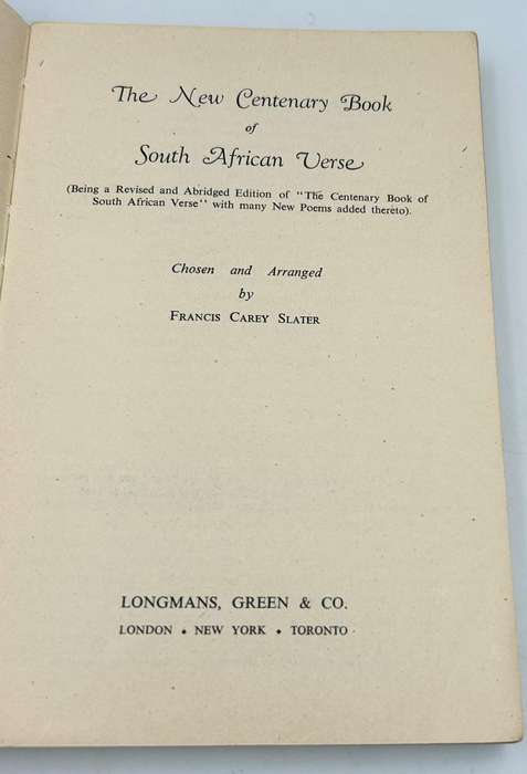 The New Centenary Book of South African Verse ~ F. Carey Slater