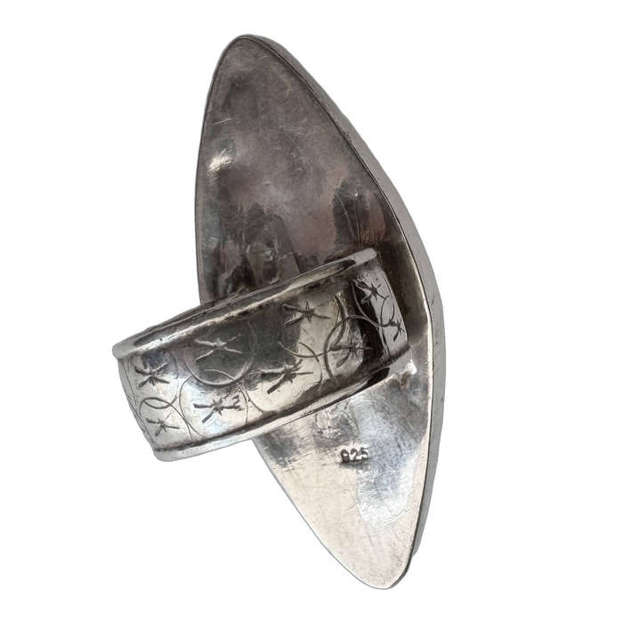 HANDCRAFTED STERLING SILVER DECORATIVE LONG RING WITH CORAL FEATURE