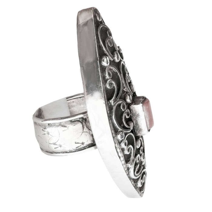 HANDCRAFTED STERLING SILVER DECORATIVE LONG RING WITH CORAL FEATURE