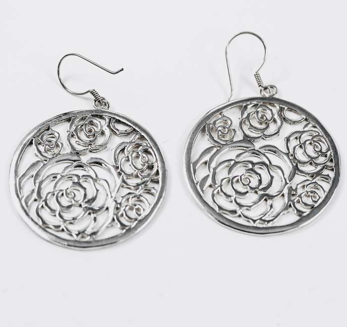 SHOWY ROSE DETAIL OPENWORK STERLING SILVER DROP & DANGLE EARRINGS. 925
