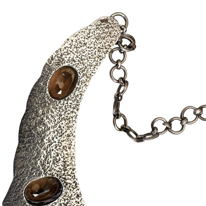 HANDCRAFTED SOLID STERLING SILVER HEAVY 73g CHEVRON NECKLACE WITH NATURAL SMOKY QUARTZ GEMSTONES