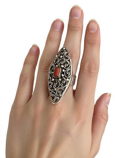 HANDCRAFTED STERLING SILVER DECORATIVE LONG RING WITH CORAL FEATURE