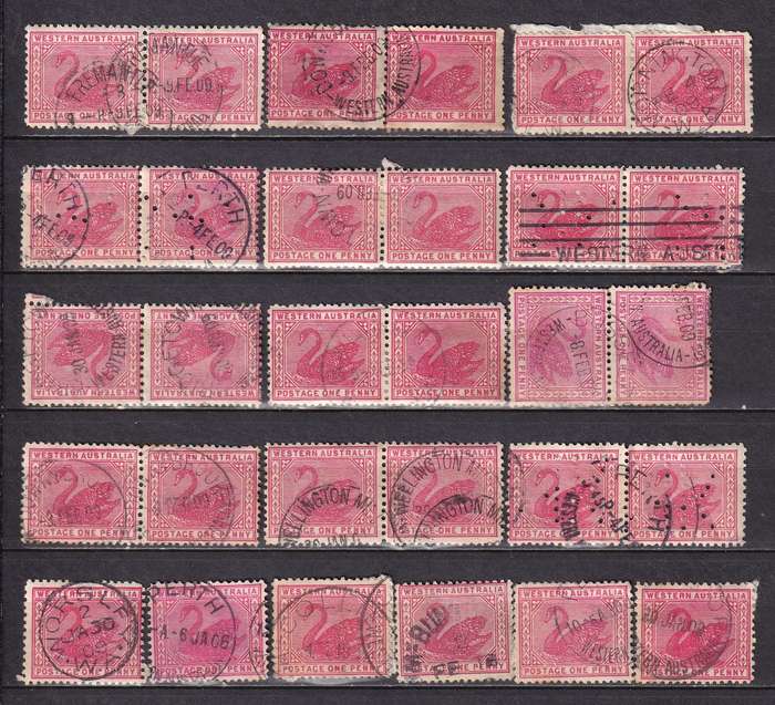Western Australia 1902-12 1d carmine postmark lot, used         (2 x SCANS)