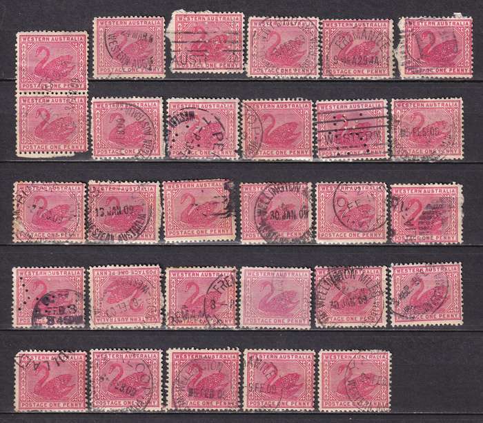 Western Australia 1902-12 1d carmine postmark lot, used         (2 x SCANS)
