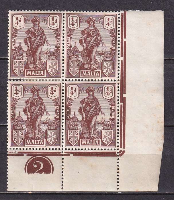 Malta 1922-26 1/2d brown B4 , plate 2, M/H          (toning, split perf, SG 123, CV £10)