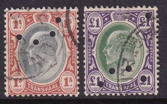 Transvaal 1904 KE 1s & £1 perforated telegraphs issues , used