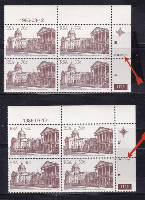 South Africa 1982 30c buildings control B4 with variety DATE NOT IN PT 10 MARGIN , MNH