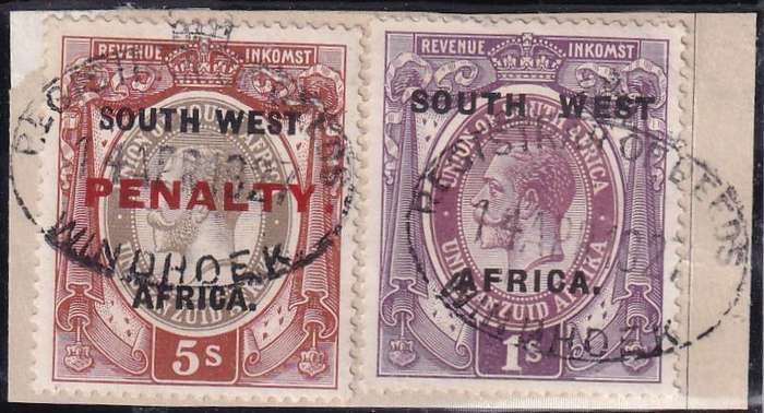 SWA 1927 KG V 5s PENALTY revenue stamps on piece (scarce) , used       ( BF 3, CV £35)