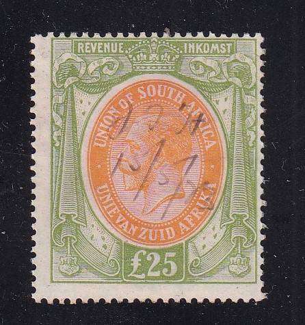 Union of South Africa 1913 KG V  £25 revenue , used             (very fine & scarce ,BF 17)