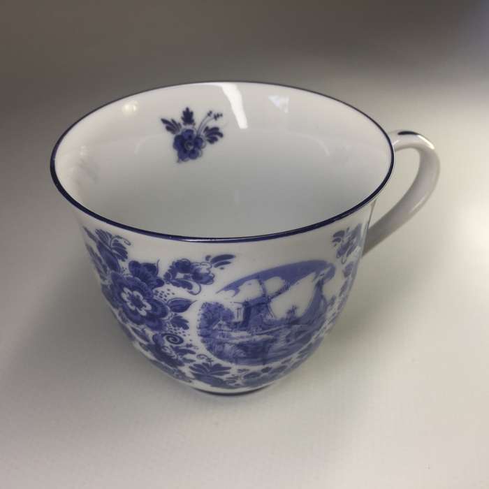 DELFTS OUDE MOLEN FABRIEK PORCELAIN COFFEE DUO     WINDMILL AND YACHTS ON CANAL PANORAMIC SCENE