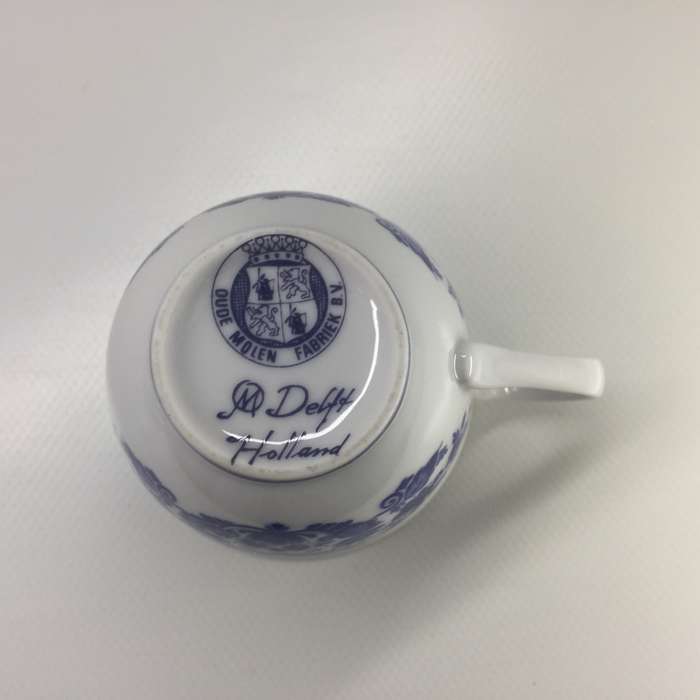 DELFTS OUDE MOLEN FABRIEK PORCELAIN COFFEE DUO     WINDMILL AND YACHTS ON CANAL PANORAMIC SCENE