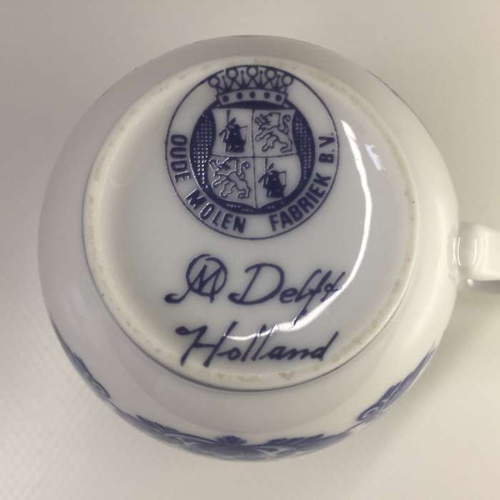 DELFTS OUDE MOLEN FABRIEK PORCELAIN COFFEE DUO     WINDMILL AND YACHTS ON CANAL PANORAMIC SCENE