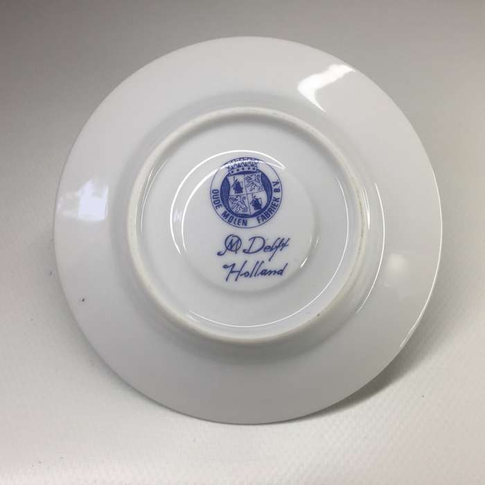 DELFTS OUDE MOLEN FABRIEK PORCELAIN COFFEE DUO     WINDMILL AND YACHTS ON CANAL PANORAMIC SCENE