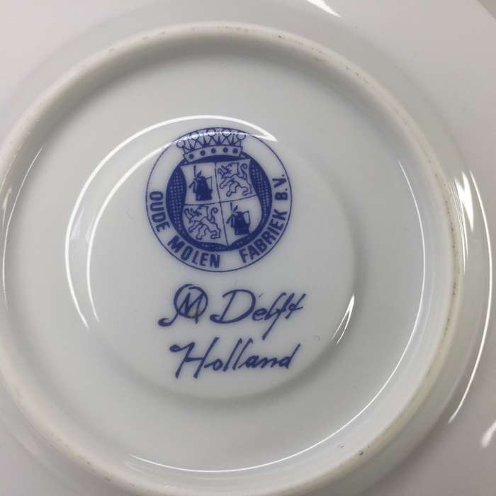 DELFTS OUDE MOLEN FABRIEK PORCELAIN COFFEE DUO     WINDMILL AND YACHTS ON CANAL PANORAMIC SCENE