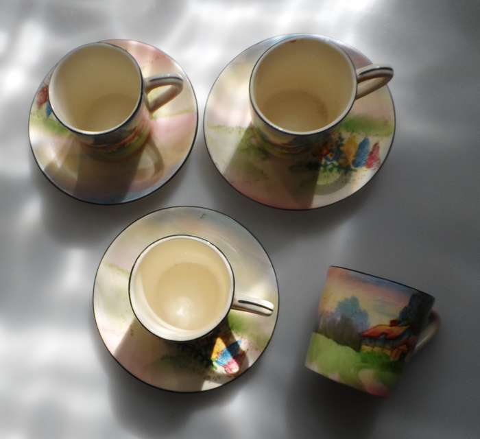 TUDOR VINTAGE ENGLISH TRANSLUCENT CHINA COFFEE ,POT, CREAMER, SUGAR BOWL , 3 DEMITASSE DUOS