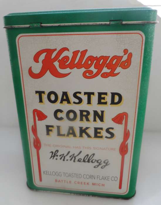VINTAGE COLLECTIBLE , KELLOG,S TOASTED CORN FLAKES ,  LIDDED STORAGE TIN