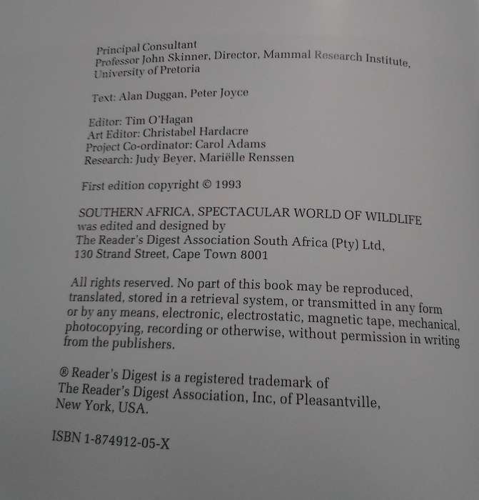 "Reader's Digest Southern Africa Spectacular World of Wildlife". Hard  cover.