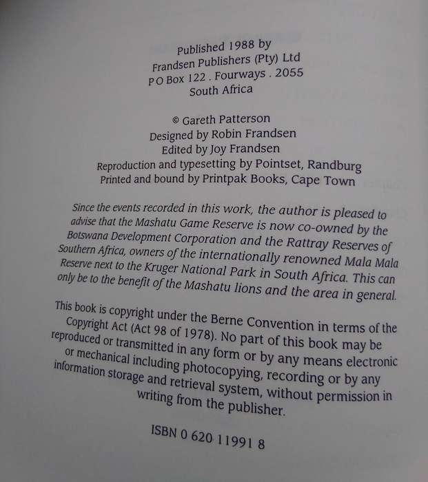 "Cry for the Lions". Gareth Patterson.  Hard cover.