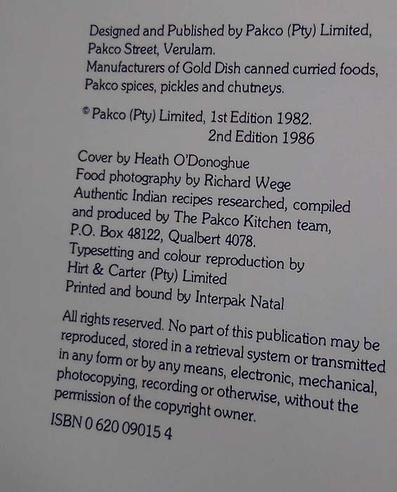 "Pakco Imdian Cookbook"  Hard cover.