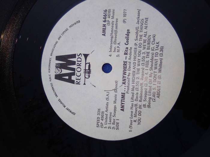 L.P. Rita Coolidge.  Anytime ... Anywhere.  Cover: Very good. L.P.:Very good.
