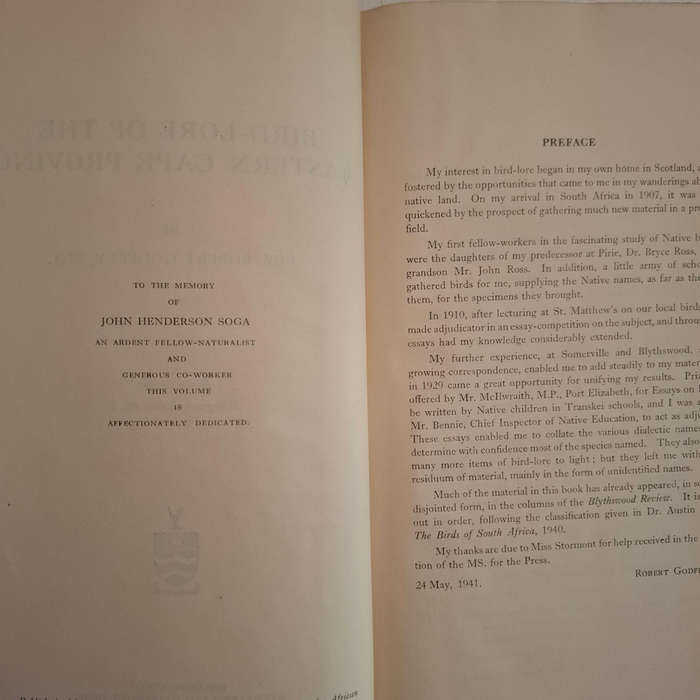 Bird-Lore of the Eastern Cape Province (Rev. Robert Godfrey) Bantu Studies, Monograph Series, No. 2