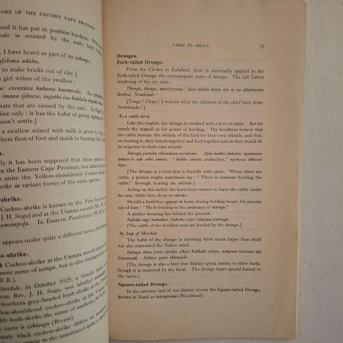 Bird-Lore of the Eastern Cape Province (Rev. Robert Godfrey) Bantu Studies, Monograph Series, No. 2