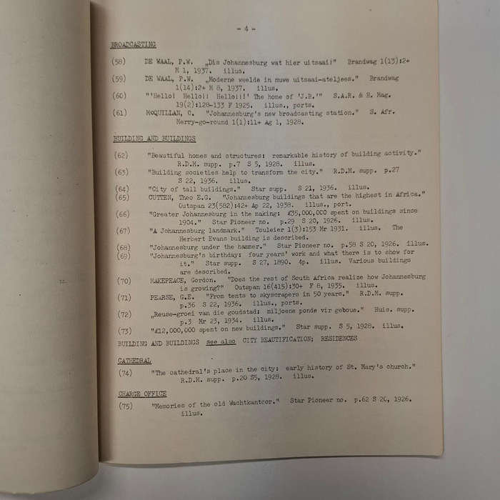 The Growth of Johannesburg from 1886 - 1939, A List of Articles in Serial Publications