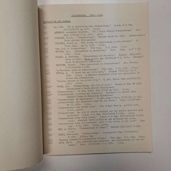 The Growth of Johannesburg from 1886 - 1939, A List of Articles in Serial Publications
