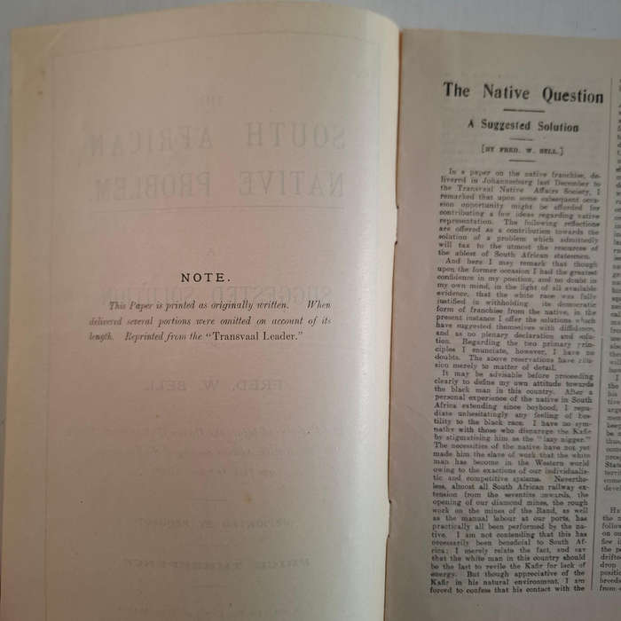 2 X Fred Bell pamphlets: The South African Native Problem, a Suggested Solution, Being a Paper Read