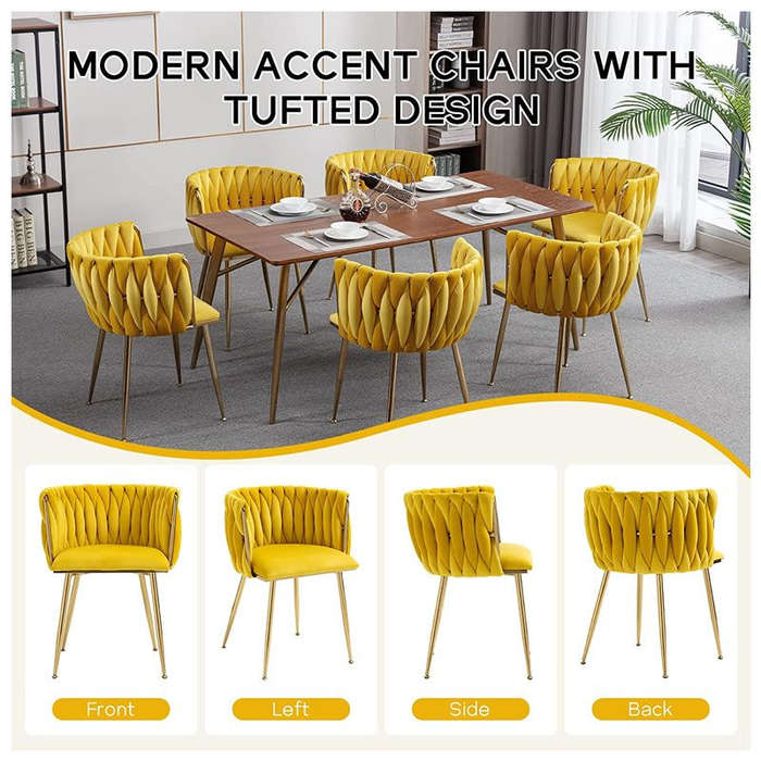 Modern Velvet Dining Room Chair with Woven Back and Gold Metal Legs - Yellow