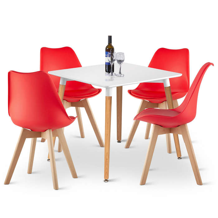 Dining Suites/Sets - Square Dining Table with Four Padded Red Chairs - Red, White