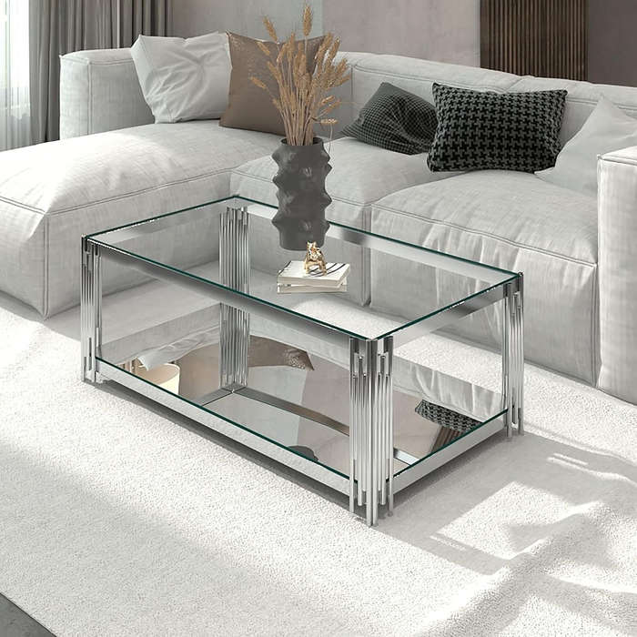 Coffee Tables -Rectangular Tempered Glass Top with Steel Frame - Silver